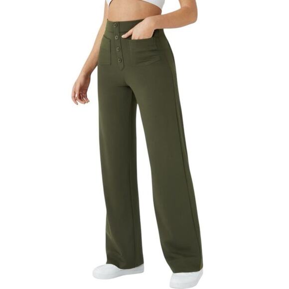 Halara High Waisted Straight Leg Casual Pants Size L Olive Green Stretch Pockets - Picture 1 of 16